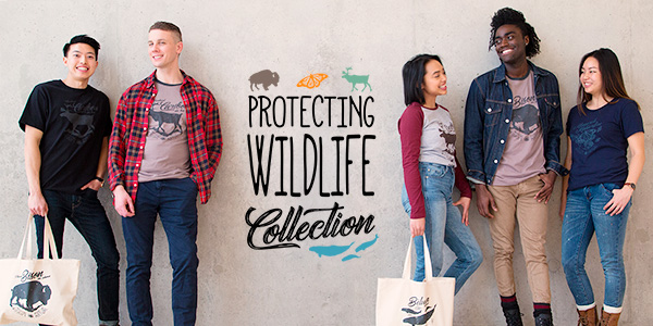 A group of five friends wearing shirts from Parks Canada’s Protecting Wildlife collection that features different species at risk.