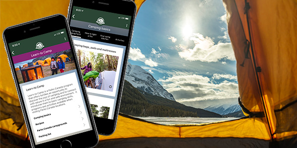 App displayed on two phones showing a view of Yoho National Park’s landscape from the inside of a tent.