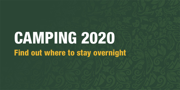 Graphic with text: Camping 2020; Find out where to stay overnight