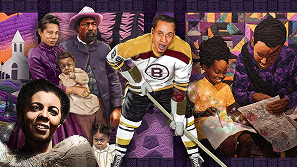 A collage of images depicting significant Black Canadians and important places and events in Black Canadian history.